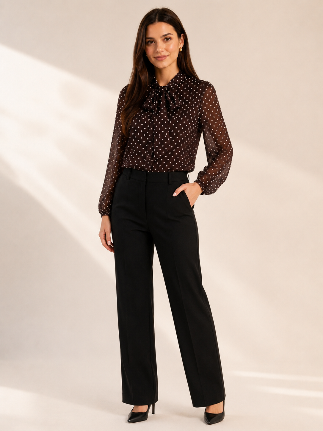 Brun Långärmad Blus med Polkadots och Rosettknytning