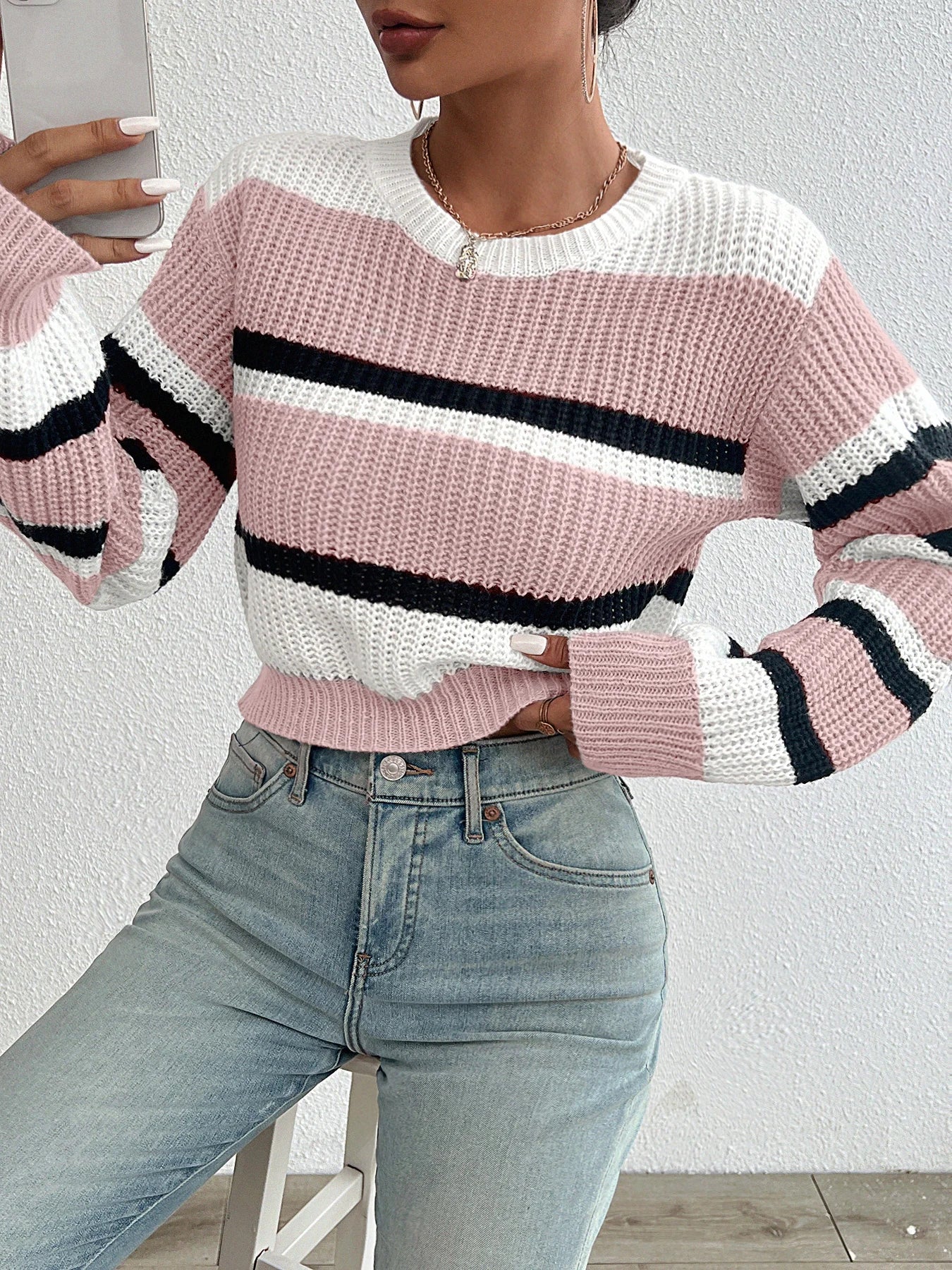 Randig Oversized Stickad Långärmad Sweatshirt