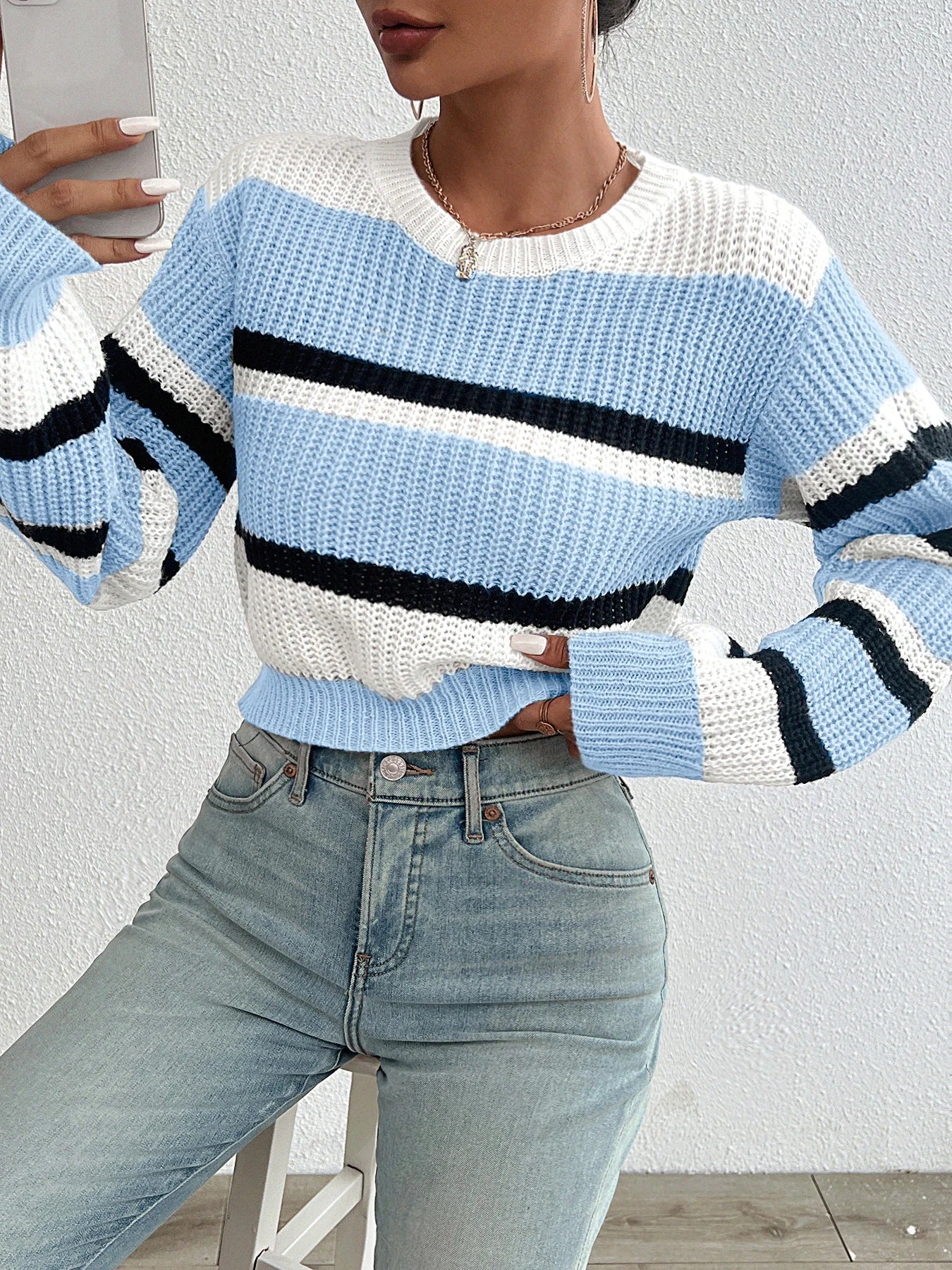 Randig Oversized Stickad Långärmad Sweatshirt