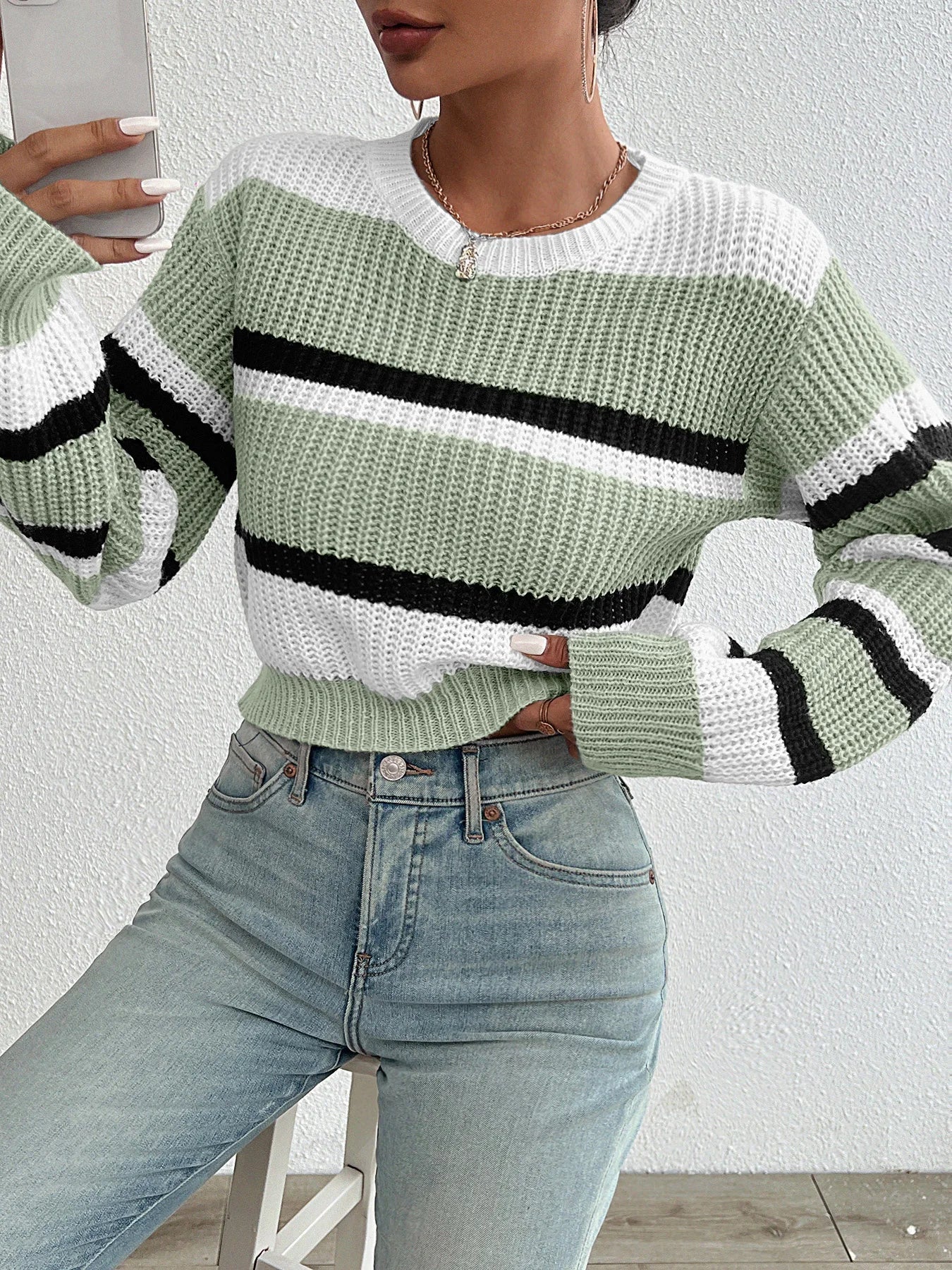 Randig Oversized Stickad Långärmad Sweatshirt
