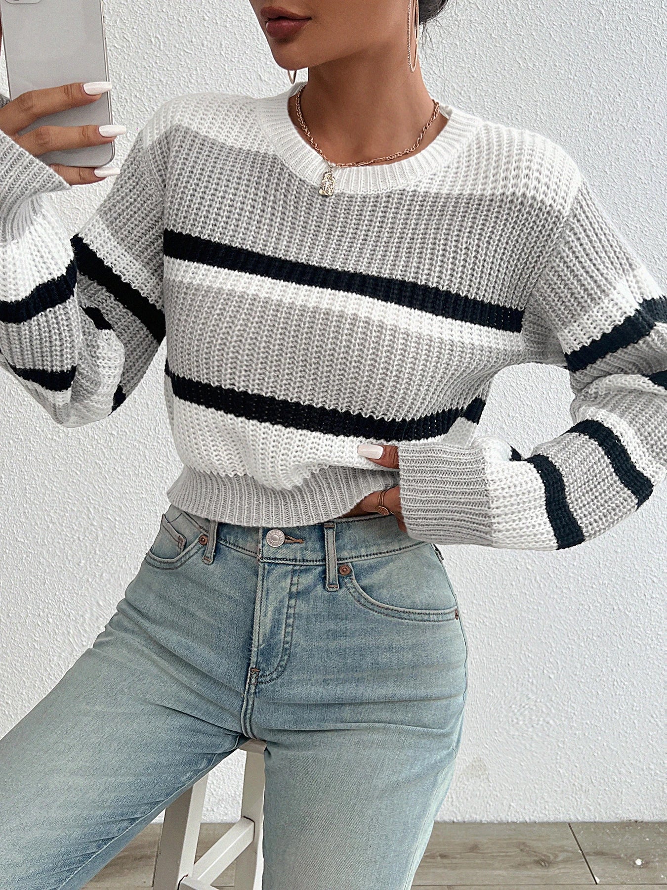 Randig Oversized Stickad Långärmad Sweatshirt